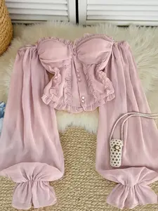 Women's Summer New Fashion Sexy Halter Shoulderless Cute Youthful Long Sleeve Blouse Top, Casual Stylish Ladies' Clothing
