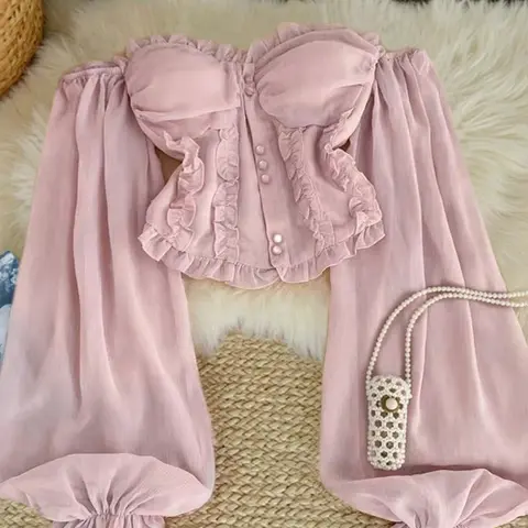 Women's Summer New Fashion Sexy Off‑Shoulder Top, Cute Youthful Long Sleeve Blouse, Ladies' Casual Stylish Clothing Style