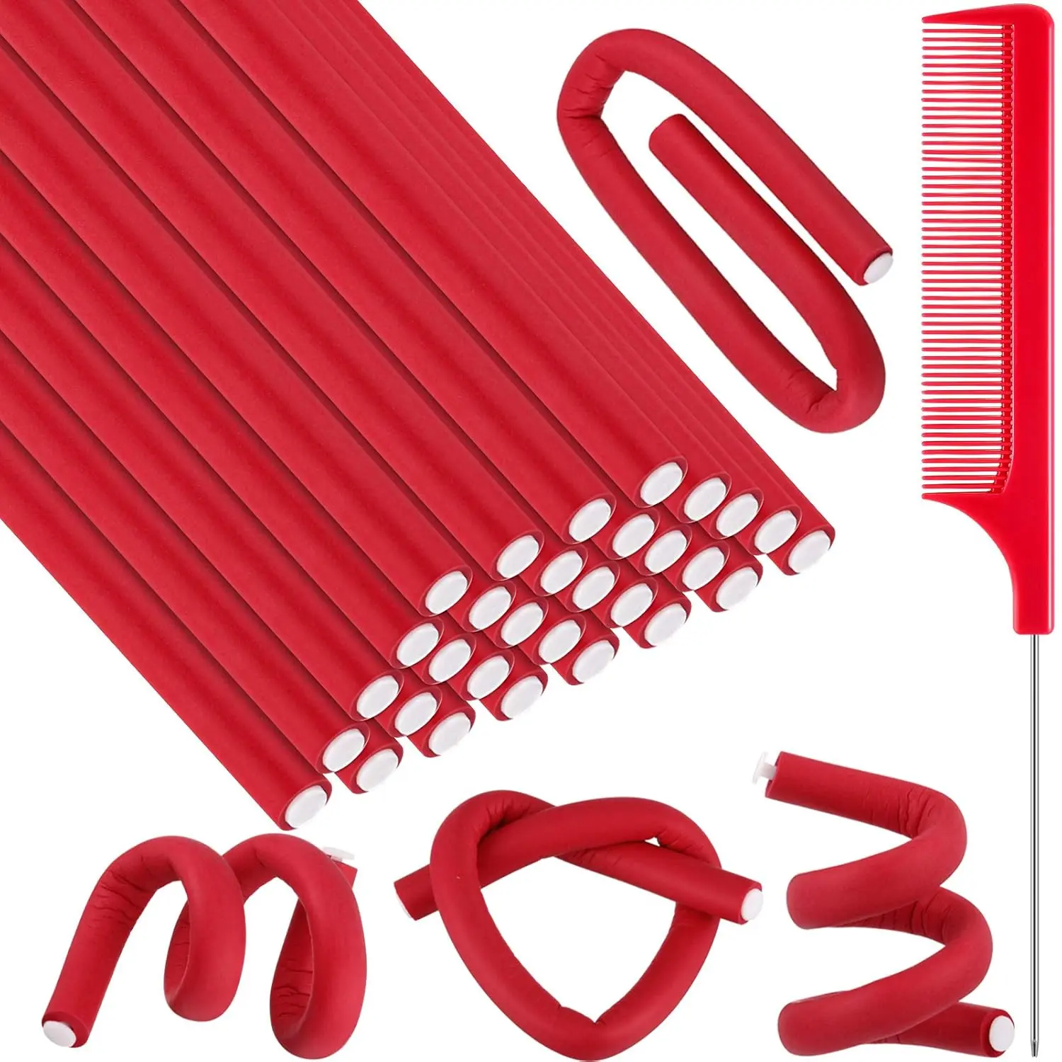 30 Pcs Flexible Curling Rods 9.45 Twist Foam Rollers Soft Foam No Heat Hair Rods Rollers and 1 Steel Pintail Comb Rat Tail Comb for Women Long Short Hair(Pink,9.45 x 0.55 Inch) Haircare Heatless