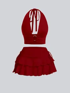 Two-Piece Set Women's Solid Crop Tank Top & Side Tie Skirt Set, Elegant Fashion Casual Two-piece Outfits for Daily Outdoor Wear, Ladies Clothes for Summer, Suits, Skirts Sets, Summer Clothing Set