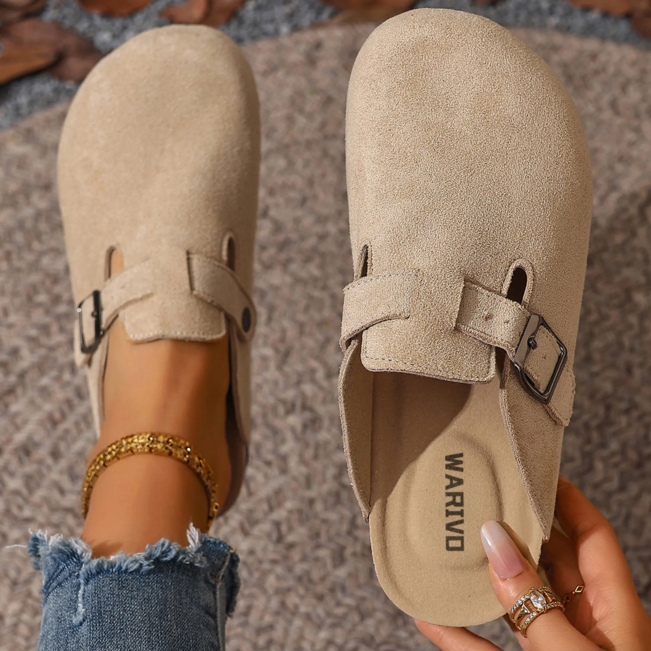 Women's Sandals Casual Closed Toe Slip On Mule Shoes Vintage Suede Buckle Strap Flat Cork Clog Slippers Indoor Outdoor Walking Footwear Nail Nail