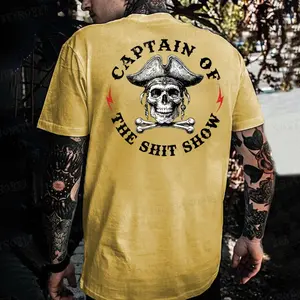 Monkeysober Pure Cotton Men's Suitable For All Seasons Captain Of The Shit Show Skull Print  Fashionable And Fun Casual Cotton Colorful Men's T-shirt