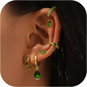 Zelores 6Pairs 14K Gold Plated Hoop Earrings for Women 6 Pairs Emerald Green Earrings Dainty Small Hoop Earrings Stud Earrings Sets for Multiple Piercing