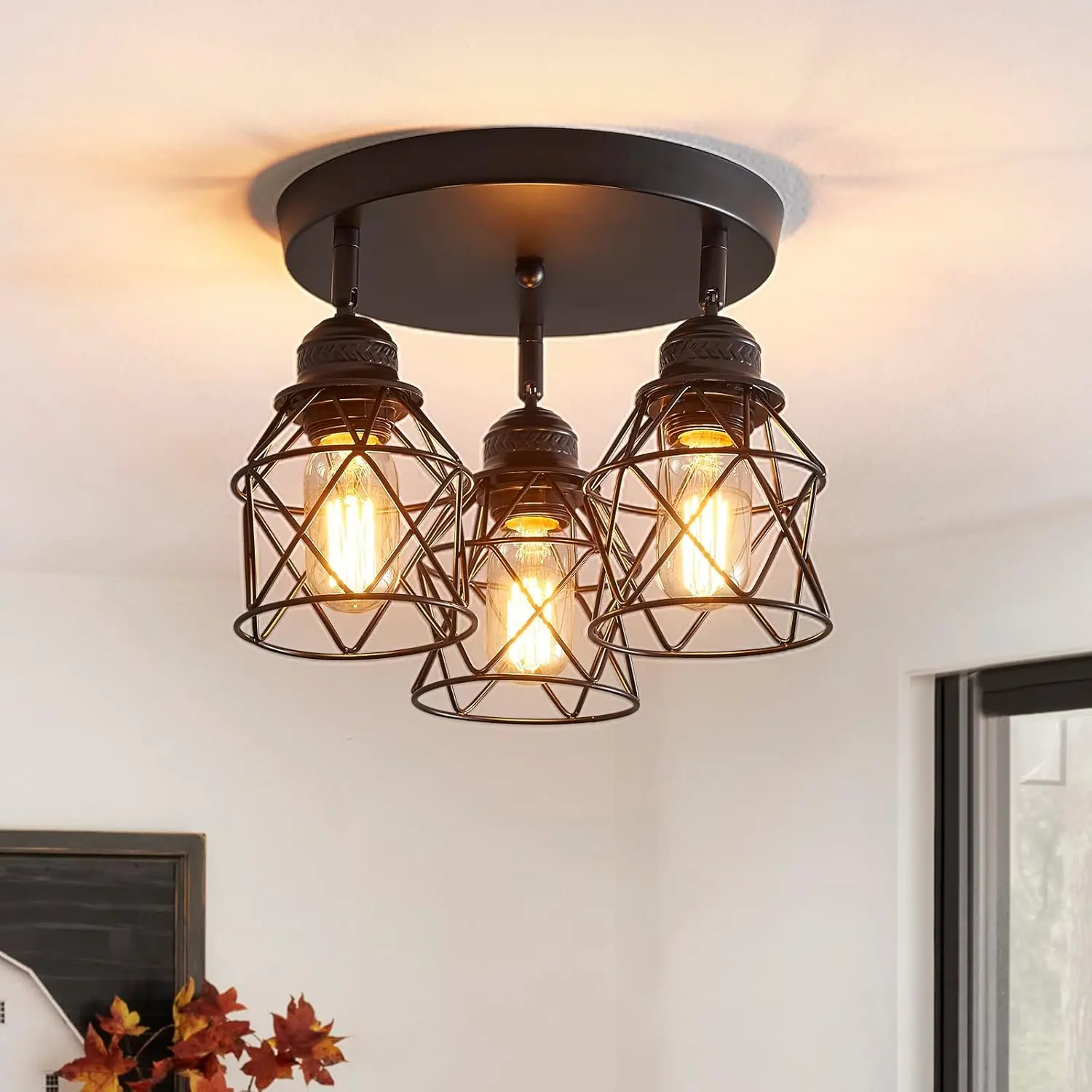 3-Light Adjustable Semi-Flush Mount Ceiling Light with 3x E26 Bases, 360° Rotatable Multi-Directional Lamp, Farmhouse Home Decor for Kitchen, Hallway, Rustic & Modern Spaces, Rotates 360°