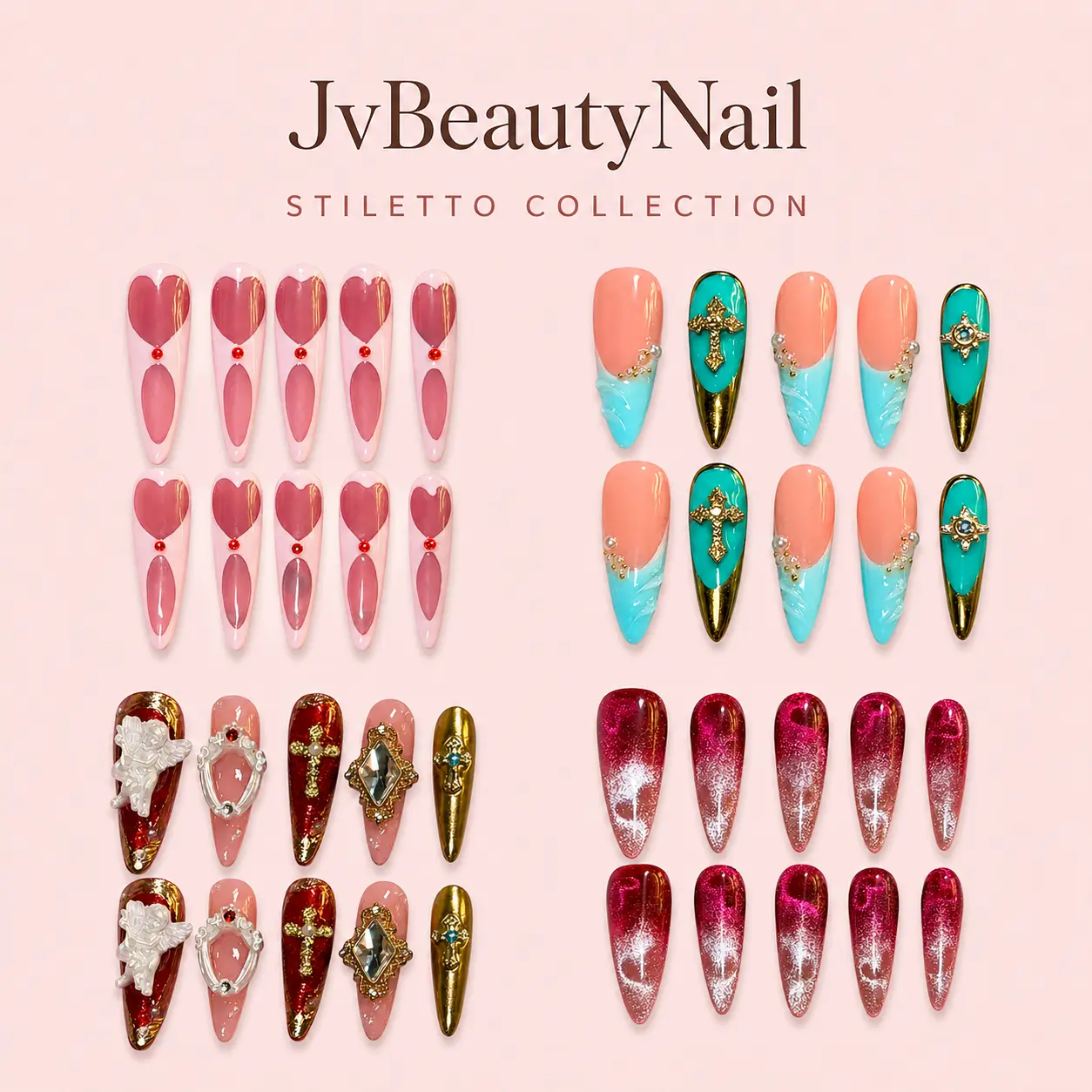 JvBeautyNail Handmade Stiletto Press On Nails, Reusable 10-Piece False Nail Set, Salon-Style Instant Manicure