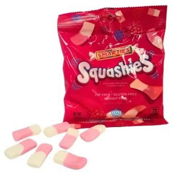 Squishy Gummy Fruity Candy Pack  SMARTIES Squashies Candy - Raspberry & Cream Flavored, Fat Free, Gluten Free, Peanut Free, 10 Pack, Perfect Quick Snack for Kids & Adults Sour Sweet Fruity Sour Strawberries Bonbon Soft