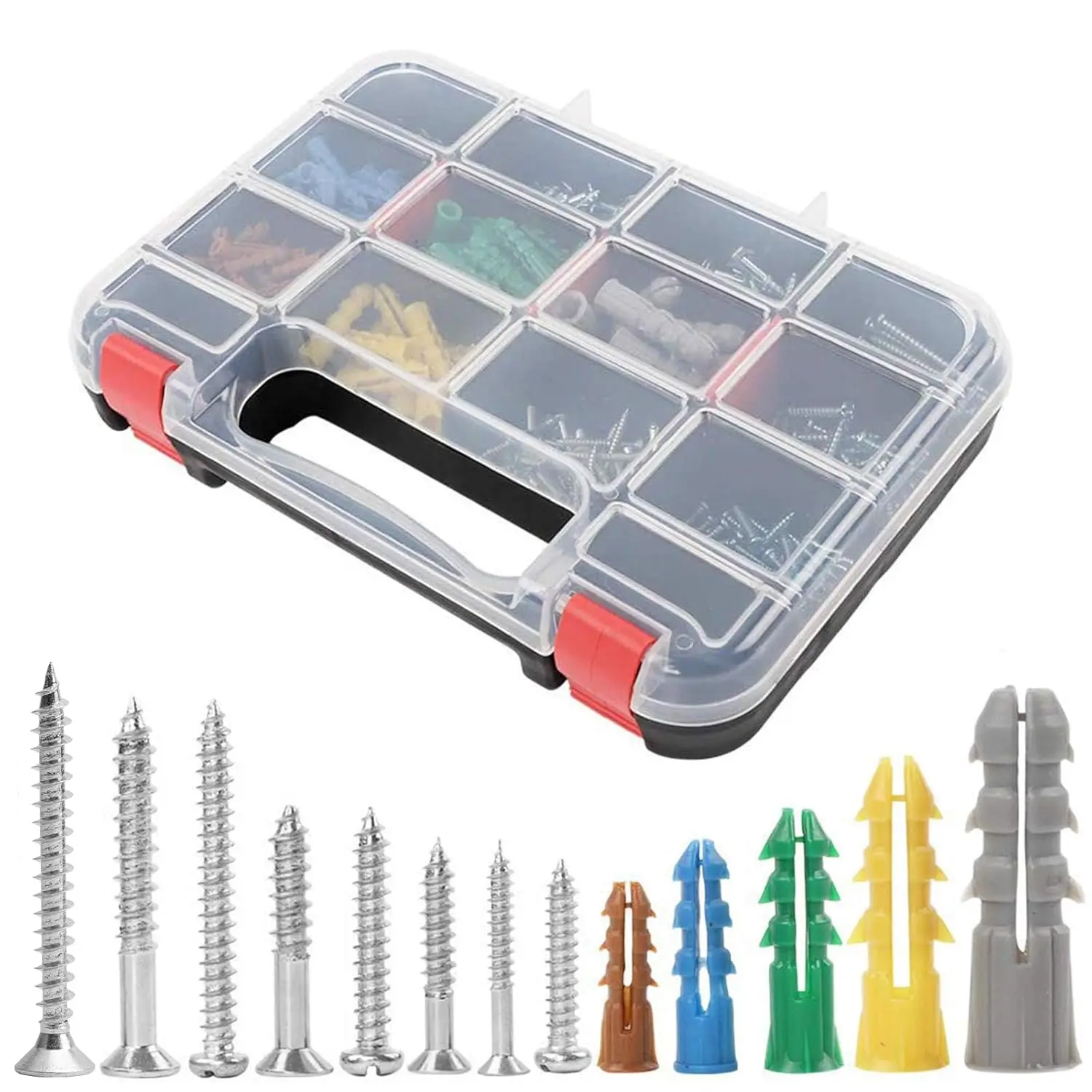 Synthetic Drywall Wall Anchors Kit with Screws - 370pcs Assorted Plastic Fasteners Set, 5 Different Size Anchors, Light Fixings, Durable Heat-Resistant Removable Plastic, Chipboards Compatible, Manufacturer Warranty