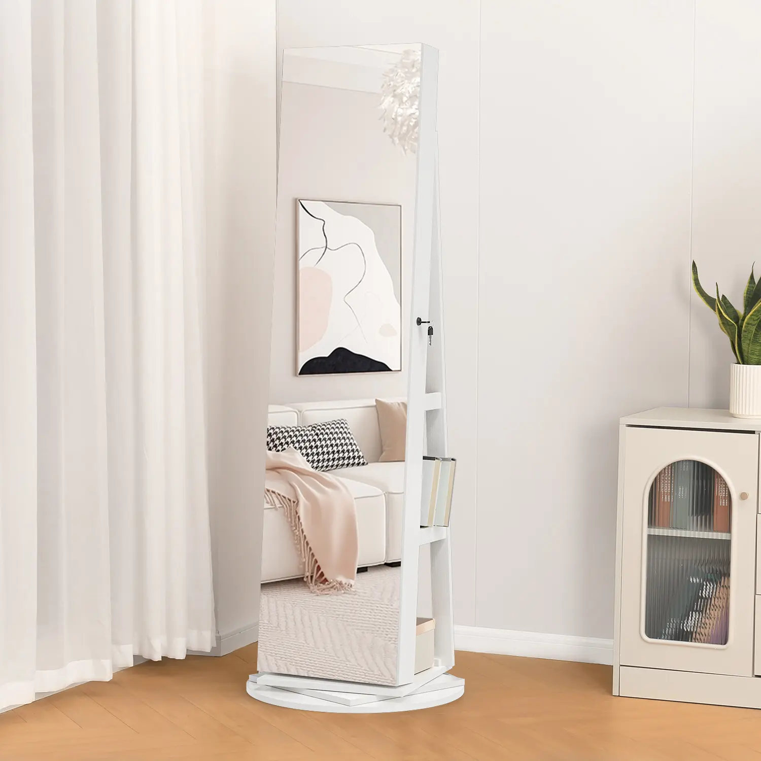 Summervibes LHBCRAFT 360° Swivel Jewelry Armoire with 3 Color LED Lights, Full Length Mirror, Lockable Jewelry Organizer with Rear Storage Shelves,Valentine's Day gift