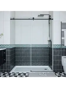 Frameless Sliding Shower Door, Sliding Doors with 44-48"/56-60" W x 76" H 5/16" (8mm) Easy-Clean Tempered Glass, Stainless Steel Handle, Waterproof Seal Strip, Matte Black/Brushed Nickel Finish
