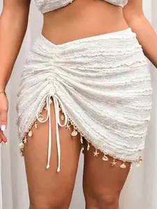 Plus Size Drawstring Beach Sarong, Ruched Tassel Wrap Skirt for Summer Vacation Swimwear