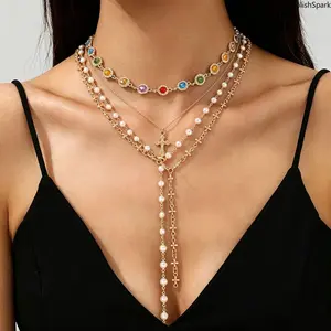 4-Layer Colorful Crystal Cross Y Drop Necklace