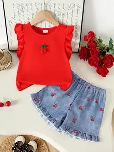 Cute Cherry Decor Sleeveless Vest Set for Girls, Ruffle Hem Shorts, Casual Summer for Ages 2-7, Kids Fashion