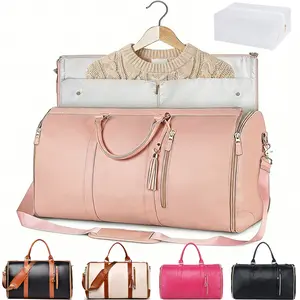 2 in 1 Convertible Garment Duffle Bag Travel Suit Bag with Toiletry Pocket & Shoes Compartment PU Leather Foldable Carry On with Shoulder Strap