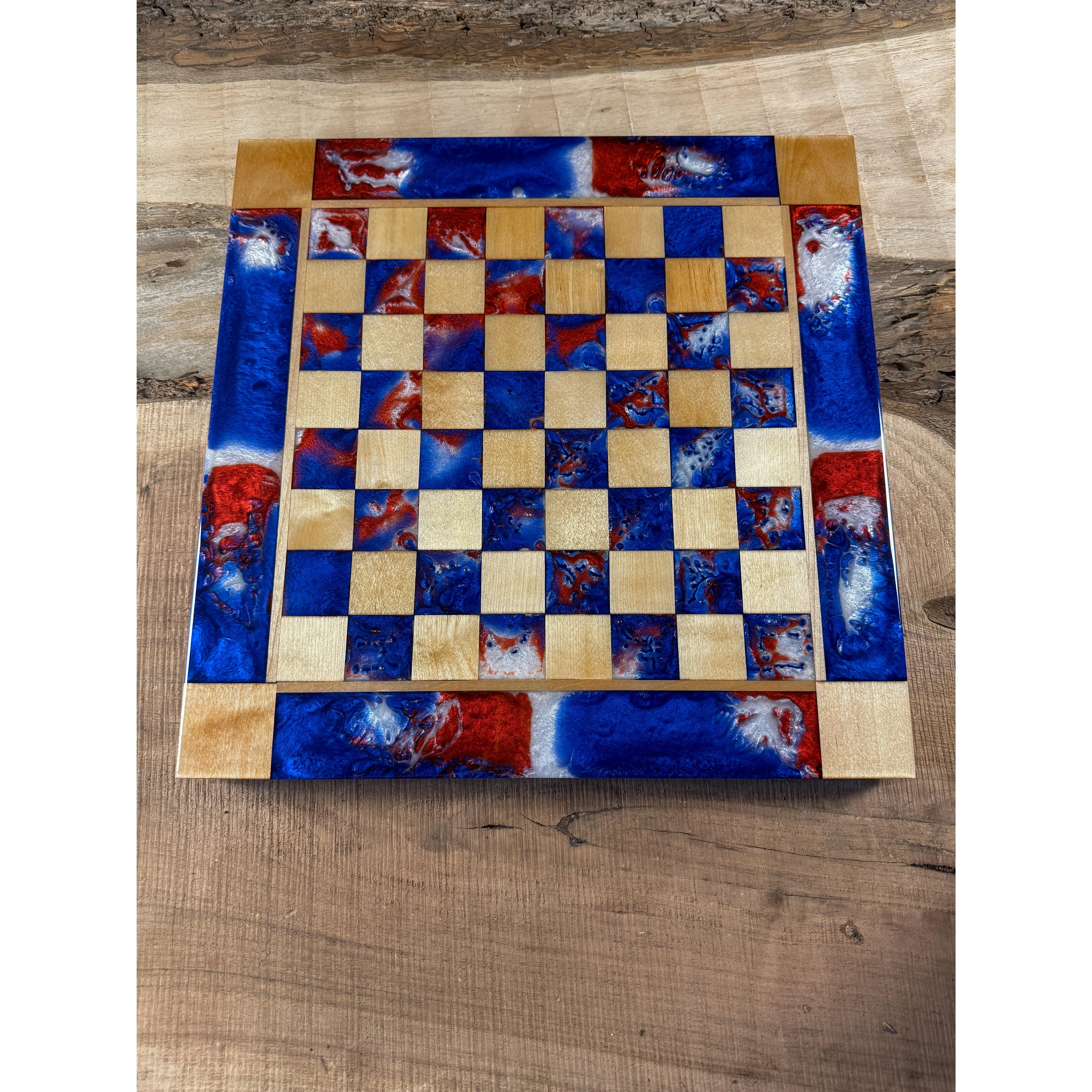 Red White & Blue Maple Wood Chess Board (INLCUDES PIECES)