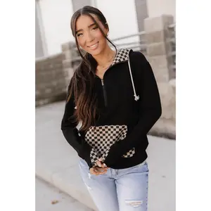 HalfZip Sweatshirt - New Horizons | Womenswear Zip Hoodie Black Tan Checkered | Soft Stretchy Casual | Plus Size Outfit Spandex