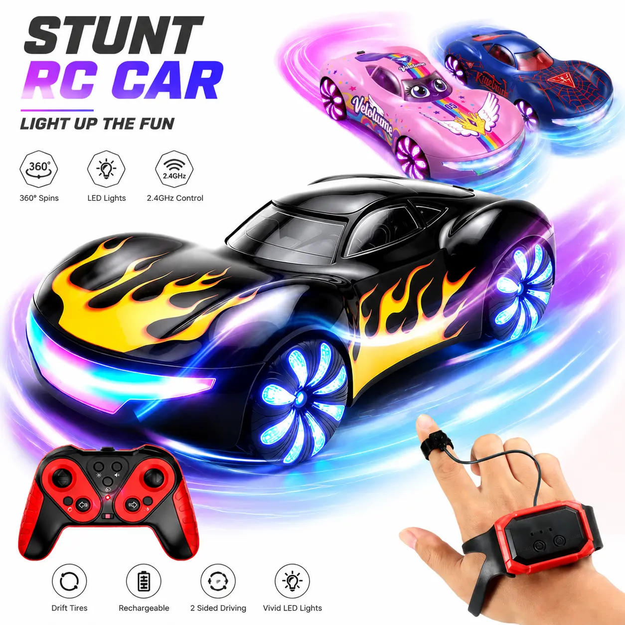 Gesture Sensing RC Stunt Car with 360° Spinning Drift, 4WD Hand Controlled Toy Car featuring Mist Spray & Light Up LED Wheels, 50 Min Playtime