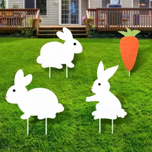 4 Pcs Easter Yard Signs Decorations Double Sided Printing Rabbit Carrot Lawn Sign Bunny Outdoor Lawn Yard with Stakes for Easter Hunt Game Party