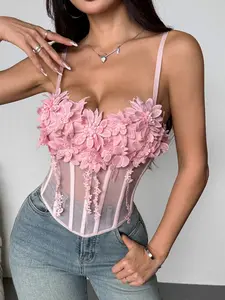European and American Style 3D Floral Decoration, Sexy Mesh Backless Top, Fishbone Design, Push-Up Small Vest, Model 11843, Lady