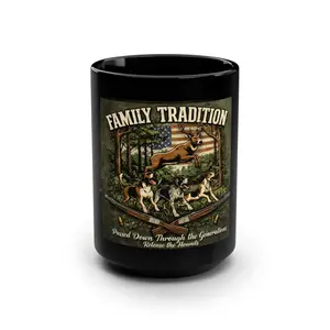 Family Tradition Deer Hunting Dogs Coffee Mug 15oz Glossy Black Ceramic Microwave & Dishwasher Safe C-shaped Handle Vintage Hunting Scene
