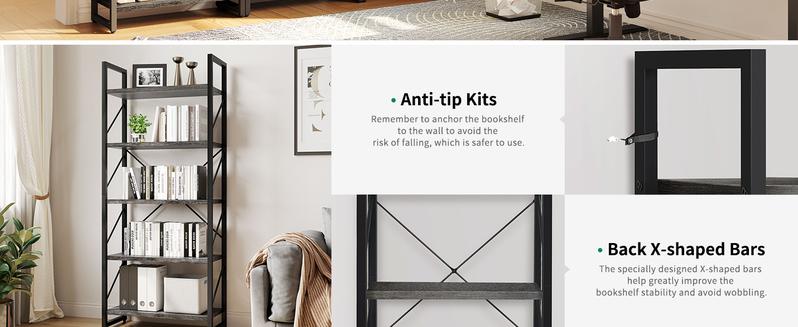 DWVO 5 Tiers Bookshelf, Industrial Artsy Grey Bookcase Bookshelves, Book Rack, Storage Rack Shelves Books Holder Organizer for Books Movies in Living Room Home Office, Charcoal Gray + Black