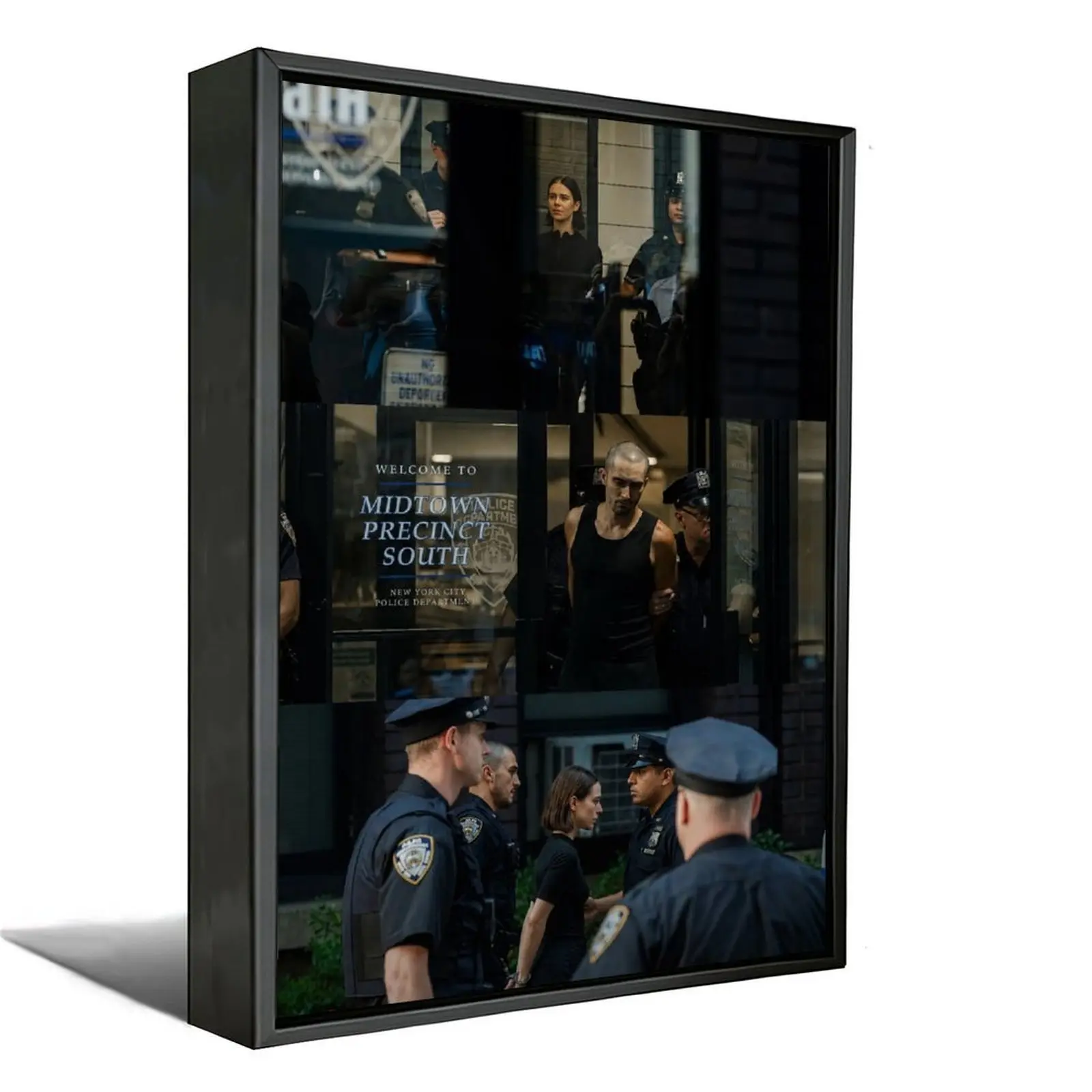NYPD Street Arrest Triple Grid Framed Canvas Print, realistic noir-style urban crime scene artwork with muted dark film tones. Ideal decor for teen dorms, garages and home bars, a distinctive gift for noir movie lovers.