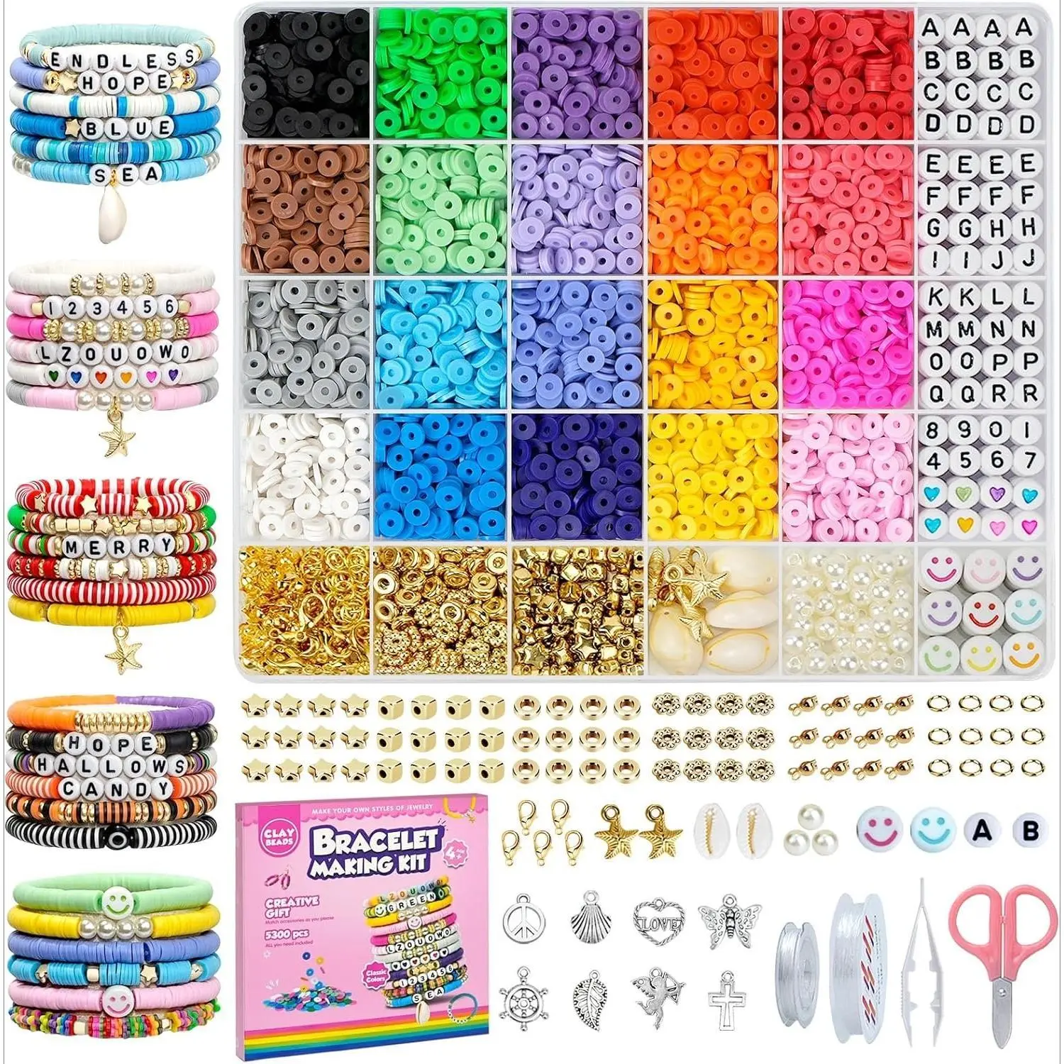 L-HDJ017 5300-Pcs Soft Clay Jewelry Making Kit - Preppy Polymer Heishi Letter Pieces, Pearl Disc Charms, 104pcs Alphabet Beads, 15pcs Lobster Clasps, 2 Roll Elastic Strings for Friendship Bracelets, Anklets, DIY Creativity Gift for Girls 8-12