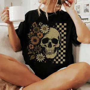Boho Skull Graphic Tee,  Retro Boho Summerween T-Shirt, Cute Spooky Halloween Tee, Spooky Summer T-Shirt