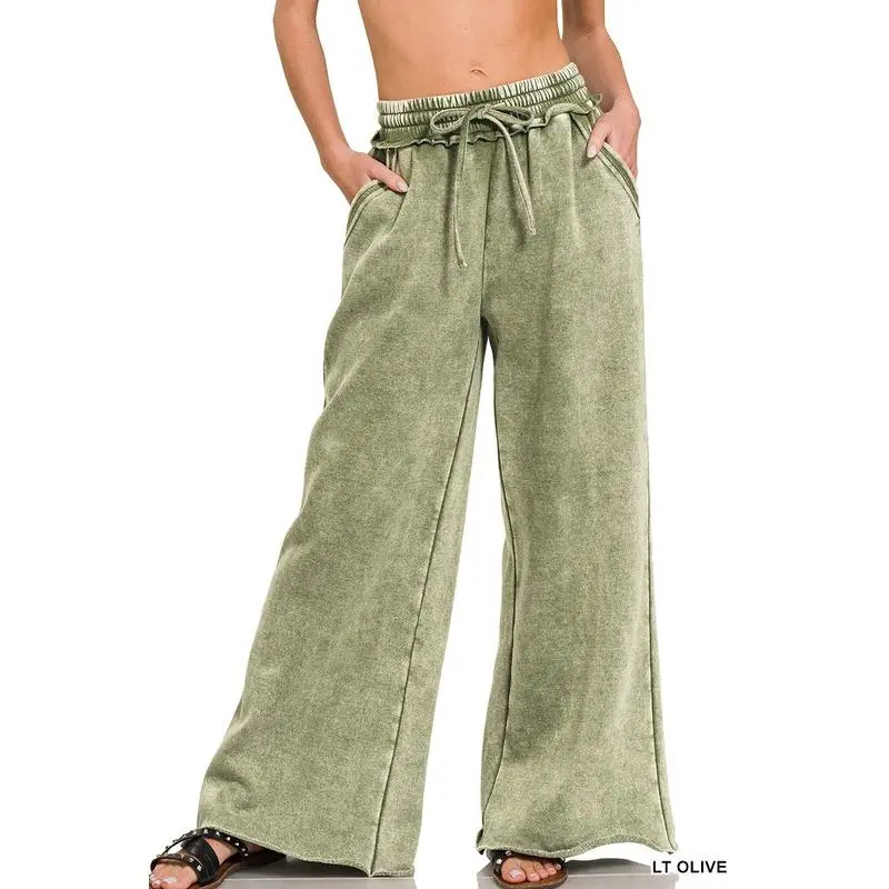Zenana Full Size Acid Wash Fleece Palazzo Sweatpants with Pockets Plus Size