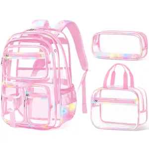 Clear Backpack with Lunch Box & Pencil Case - 3 PCS Heavy Duty Transparent PVC Schoolbag Large Waterproof Bookbag for Travel School Concert Stadium Events Organisers