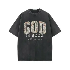 Men's Washed T-shirt, God Is A Good Letter Print, 100% Cotton Heavyweight, Machine Washable, Suitable for Seasons, Outdoor, Holiday Gifts