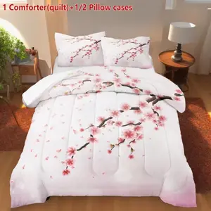 Romantic Floral Quilt Set, 3-Piece Plum Print Bedding, Romantic Bedroom Decor, (1 Quilt + 1/2 Pillowcase No Core)