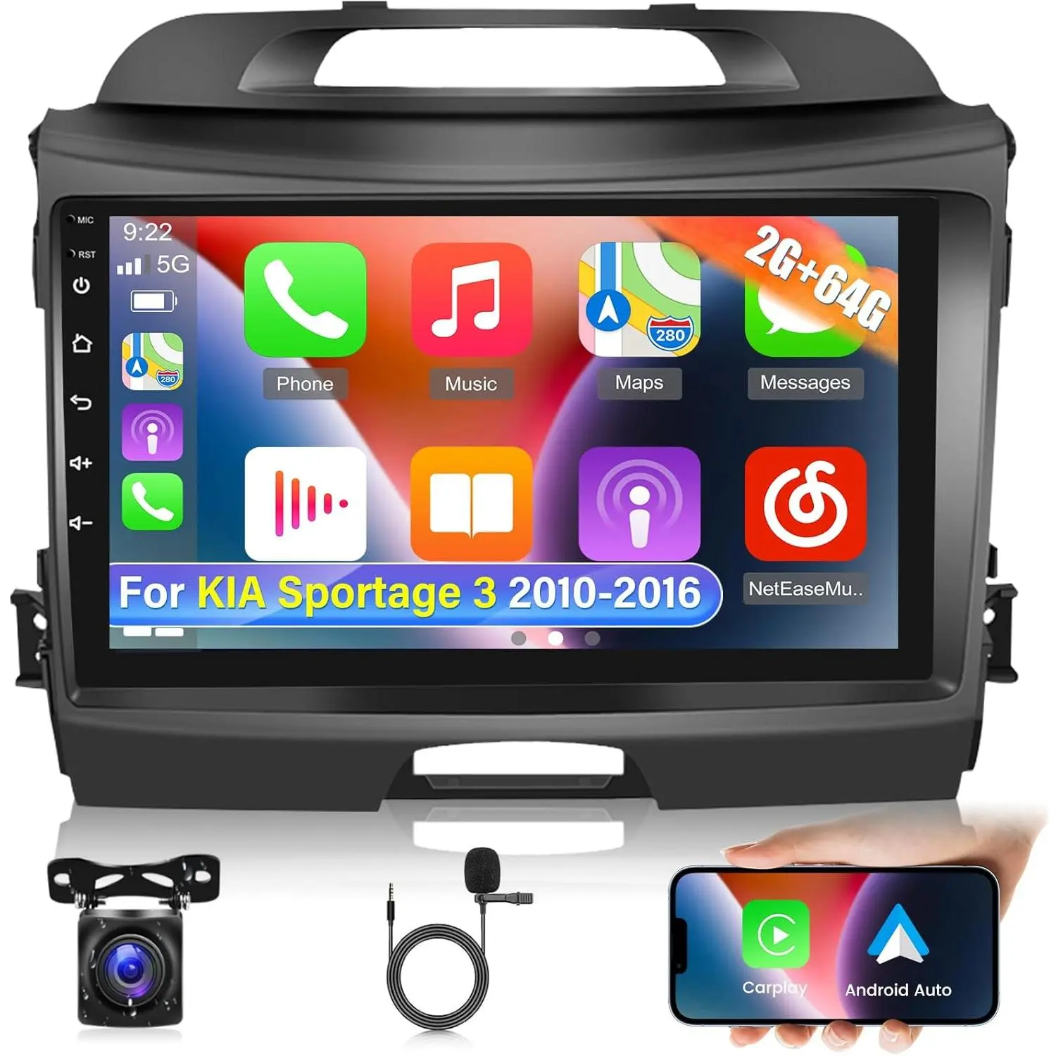 RIMOODY [2+64G] Android 15 9-Inch Touchscreen Car Radio for KIA Sportage 3 2010-2016, with Wireless Carplay, Android Auto, DSP, Multiple UI, GPS, WiFi, SWC, Bluetooth + AHD Backup Camera