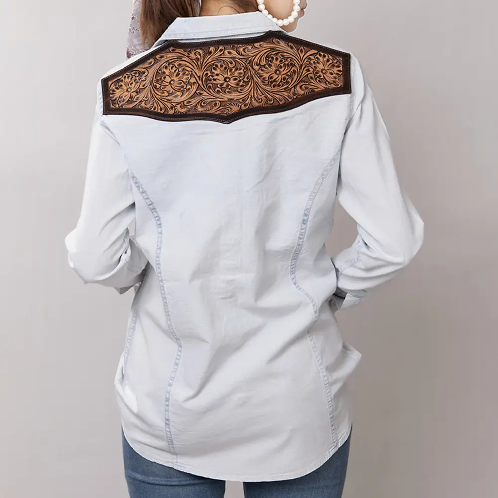 American Darling Genuine leather Hand tooled carved Women 100% cotton Denim Blazer dress jacket ladies |Vintage
