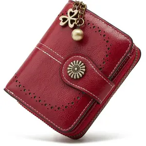 Flower Decor Wallet - Red Leather with Decorative Element, Flap Closure, and Keychain Accessory
