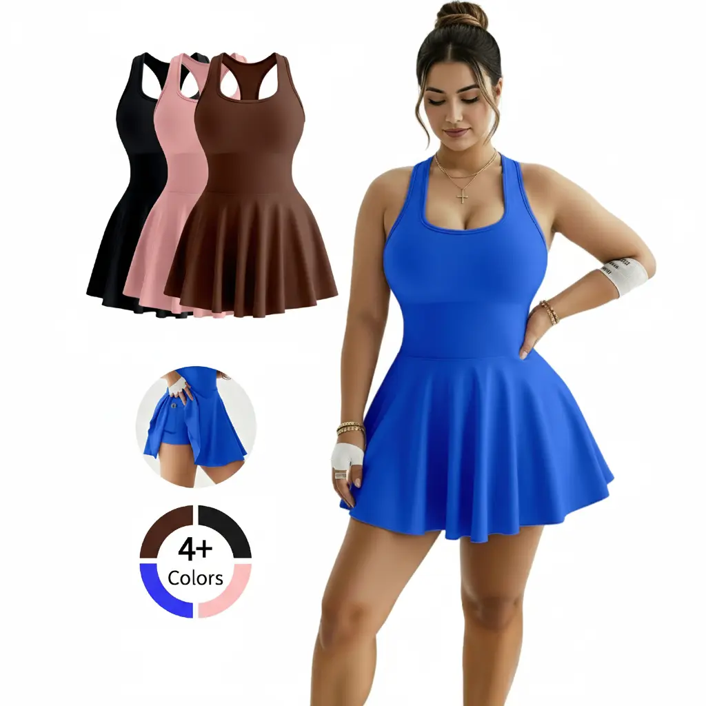 Women's 2-Piece Solid Square Neck Racerback Sports Activewear Set - Tennis Athletic Dress, Workout Crop Top with Hidden Pocket, Side Slit Mini Skirt for Tennis, Gym Workouts