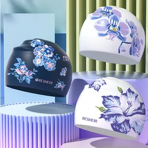 Women Silicone Waterproof Swim Cap, Comfortable Large Size Design, Anti-Choking Neck Protection, Printed Adult Ear Protection Swimmer Hat