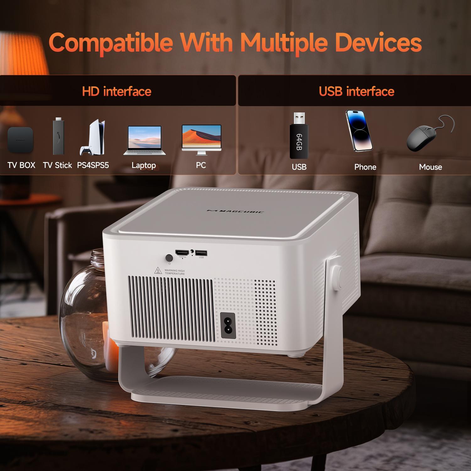 Magcubic HY450MAX 1100ANSI Projector 8K Decode Auto Focus 12W Speaker HDR10+ Android 14.0 Dual WiFi6 BT5.4 Fully Automatic Keystone 1.0:1 Throw Ratio Screen Recognize & Automatic Obstacle Avoidance Home Cinema, Movienight