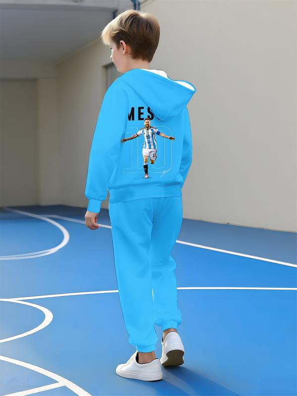 Boys' Football Theme Hoodie & Jogger Set, Casual Fitted Sportswear for Spring & Fall, Warm Comfortable School Training Daily Wear