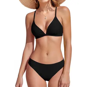 Two Piece Bikini Set for Women Swimsuits V Neck Low Rise Crisscross Back Self Tie Spaghetti Straps Bathing Suits