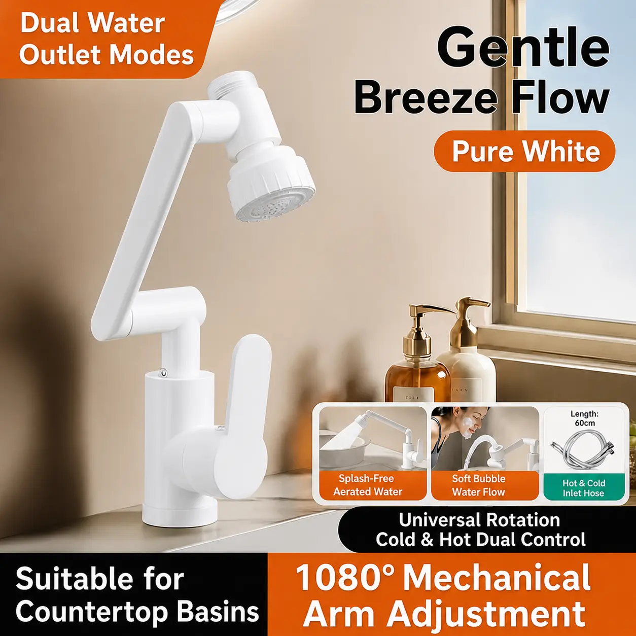 1080° Swivel Bathroom Vanity Faucet, Waterfall Single-Handle Single-Hole Bathroom Faucet with Height-Adjustable Spout, 2 Spout Patterns and 2 Hoses, Washbasin Swivel Faucet, High arc faucet