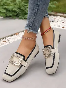 Square Buckle Women's Loafers, Breathable Fabric, Rubber Sole, Party & Formal Wear, Comfortable, Durable, Trendy Design