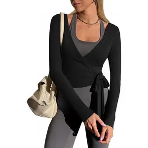 Womens Wrap Tie Tops Y2k Long Sleeve Ballet Pilates Yoga Workout Wrap Shirts Deep V Neck Casual Tops 2026