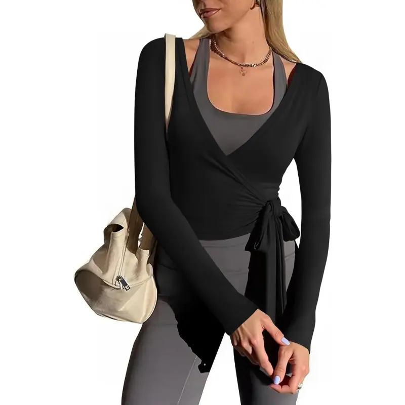 Women's Deep V-Neck Wrap Tie Long Sleeve Breathable Loose-Fitting Blouse - Classic Minimalist, Flattering Cut, Multi-Sizes, Casual Everyday Wear, Activewear Running Top, Gifting Option