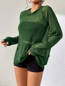 Women's Sheer Mesh Sparkly Pullover Hoodie Y2K Long Sleeve Glitter See Through Top Lightweight Loose Fit Festival Rave Outfits Going Out Party Club Shirt Beach Swimwear Cover Up Summer Spring Fashion Casual Blouse Trendy Streetwear Womenswear