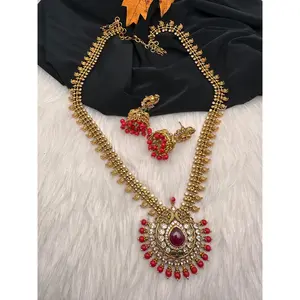 Mango Pattern Coral CZ Long Matte Ethnic Necklace