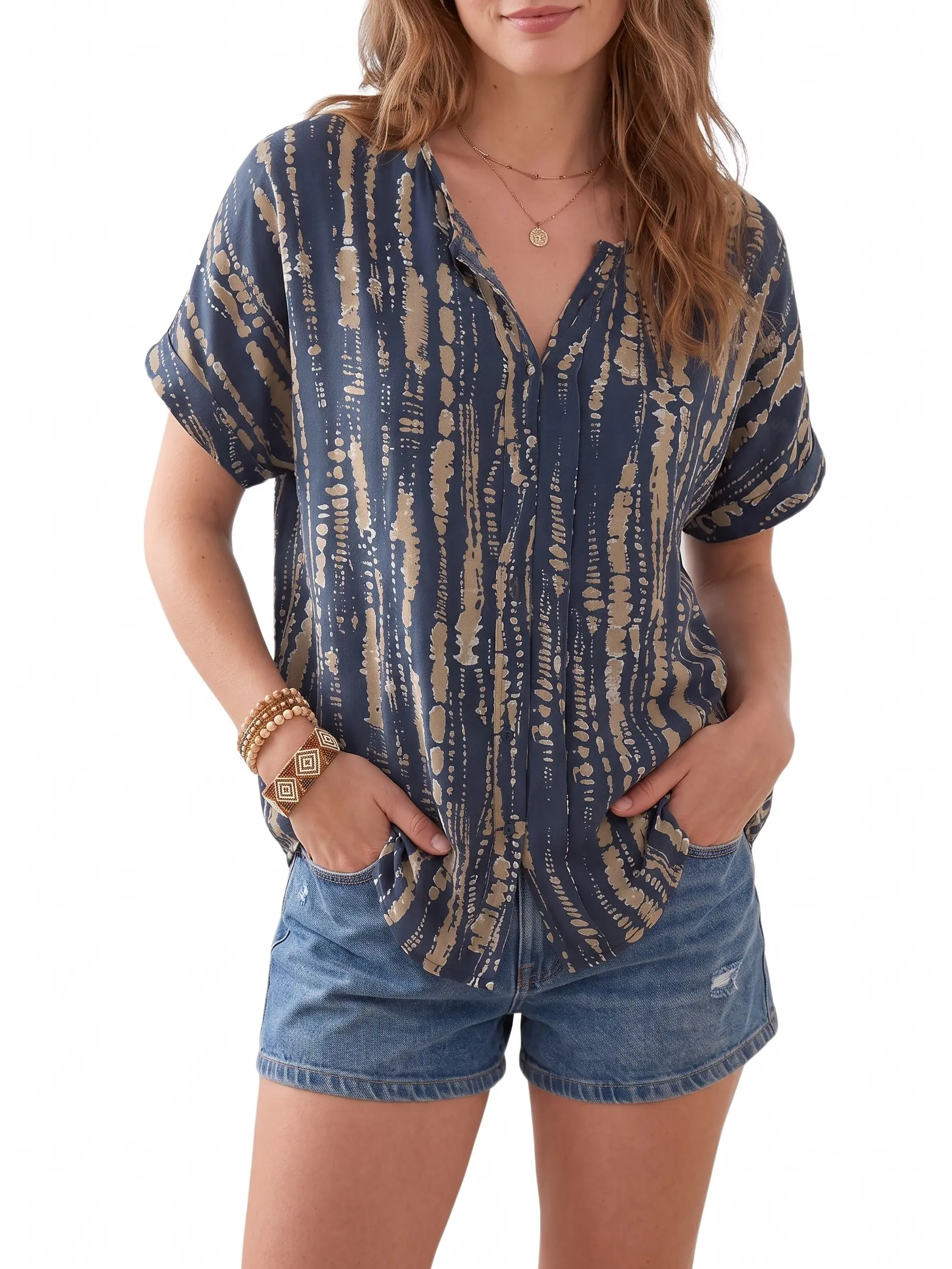 Shewin Summer Women's Abstract Print Split Notch V-Neck Blouse Rolled Cuff Short Sleeve Loose Fit Everyday Casual Pullover Shirt