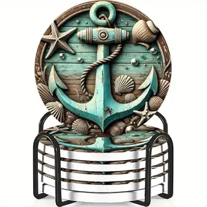 6-Piece Coaster Set Anchor & Ocean Life Design Ceramic Non-Slip Heat Resistant Ideal for Coffee Drinks Home Restaurant Decor Gift