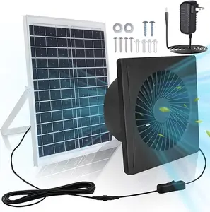 Solar Exhaust Fan for Shed - 25W Solar Panel 8'' Greenhouse Fan, 2600 RPM Powerful, Gray with AC to DC Power Adapter, Solar Ventilation