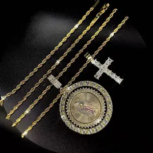 Iced Out Our Lady of Guadalupe & Cross Pendant Necklace Set, Gold Rope Chain Layered Accessories for Men Women,