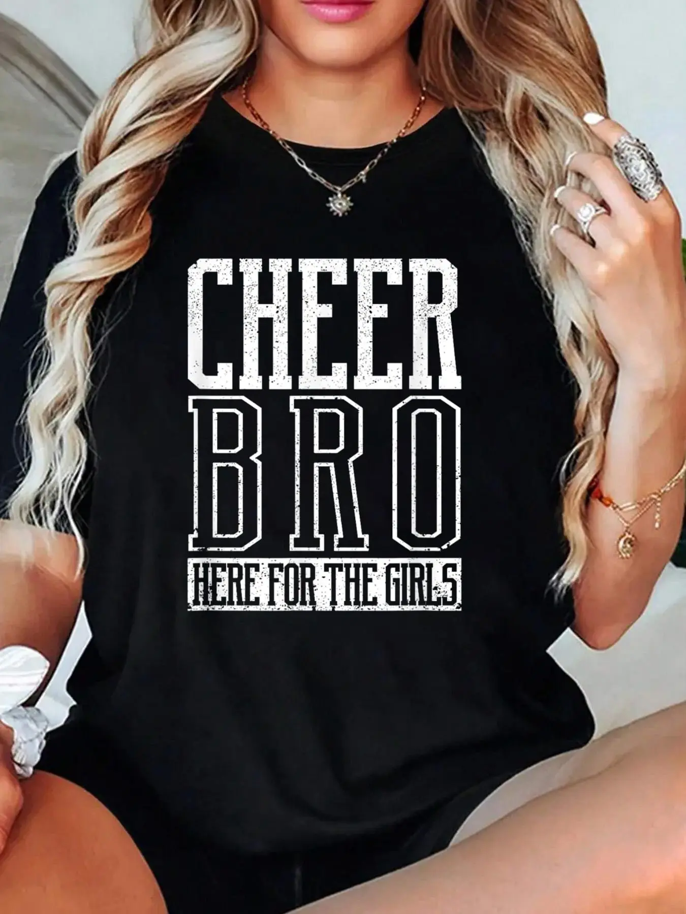 Graphic Cheer Bro T-Shirt for Men, Funny Loose Style 100% Cotton Shortsleeve Tee for Parties and Daily Wear, Top, Tshirt, Printed Text, Casual, Round Neck, Women, All Seasons, Do Not Bleach